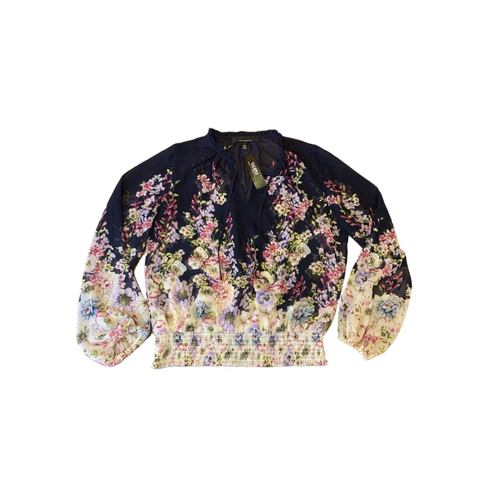 White House Black Market Navy Floral Smocked Hem Blouse small nwt